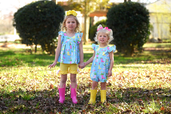 April Showers Rainboot Print Knit Flutter Top and Ruffle Shorts Set