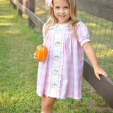 Proper Pumpkins Pink Gingham A-Line Dress with Pumpkin Embroidery