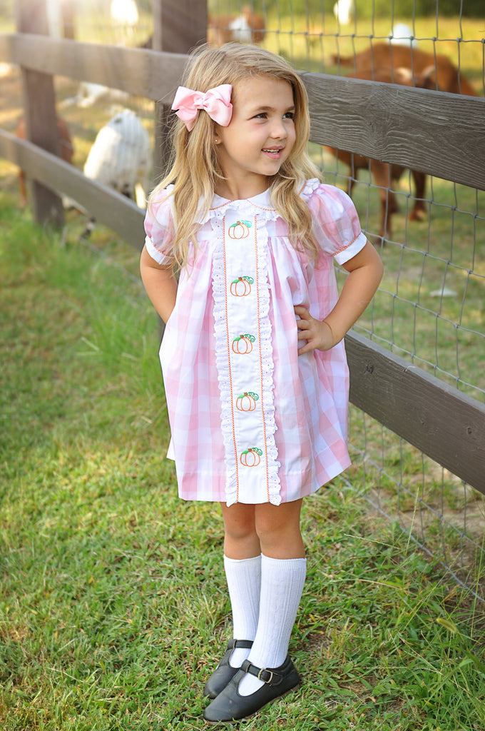 Proper Pumpkins Pink Gingham A-Line Dress with Pumpkin Embroidery poshpickle.com Proper Pumpkins Pink Gingham A-Line Dress with Pumpkin Embroidery poshpickle.com