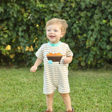 Pumpkin Harvest Boys' Tan Stripe Knit Romper with Pumpkin Wheelbarrow Applique
