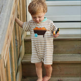 Pumpkin Harvest Boys' Tan Stripe Knit Romper with Pumpkin Wheelbarrow Applique