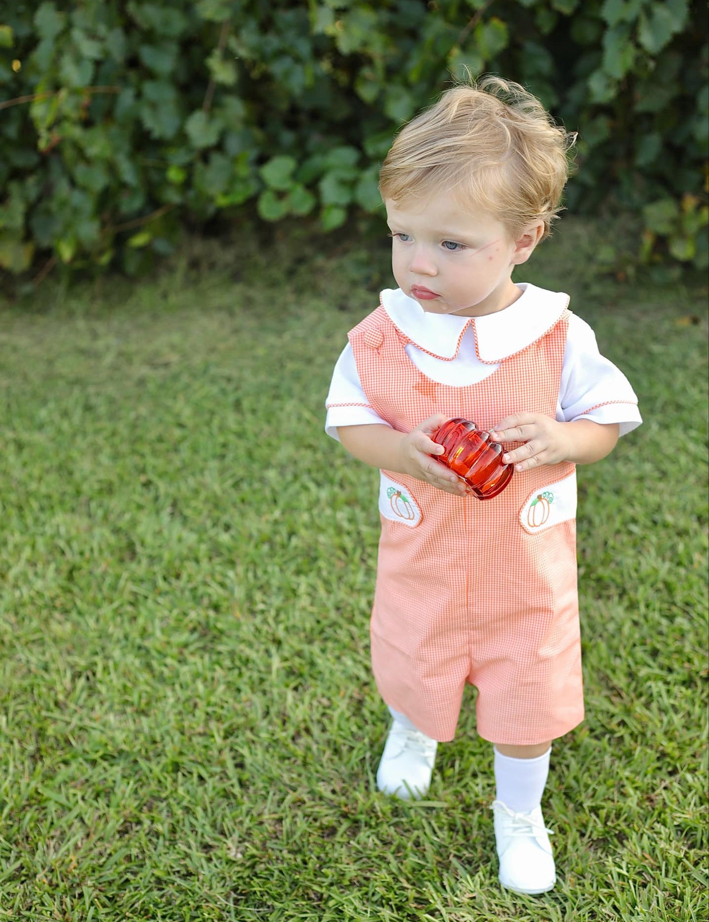 Proper Pumpkins Orange Gingham Shortall and Shirt Set with Pumpkin Embroidered Tabs