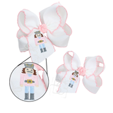 Embroidered Nutcracker Crochet Edge Bow: 4.5" Large / White/ Light Pink Crochet Edge w/ Embroidered Nutcracker