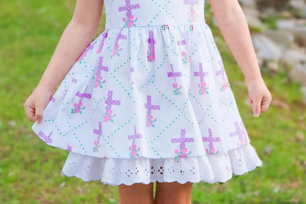 Grace Eyelet Trim Cross Printed Dress