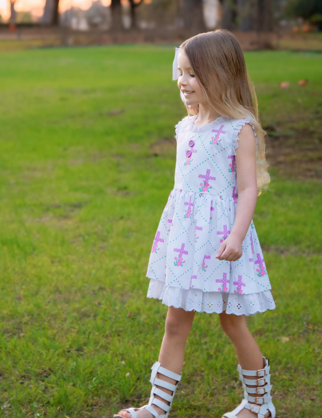 Grace Eyelet Trim Cross Printed Dress