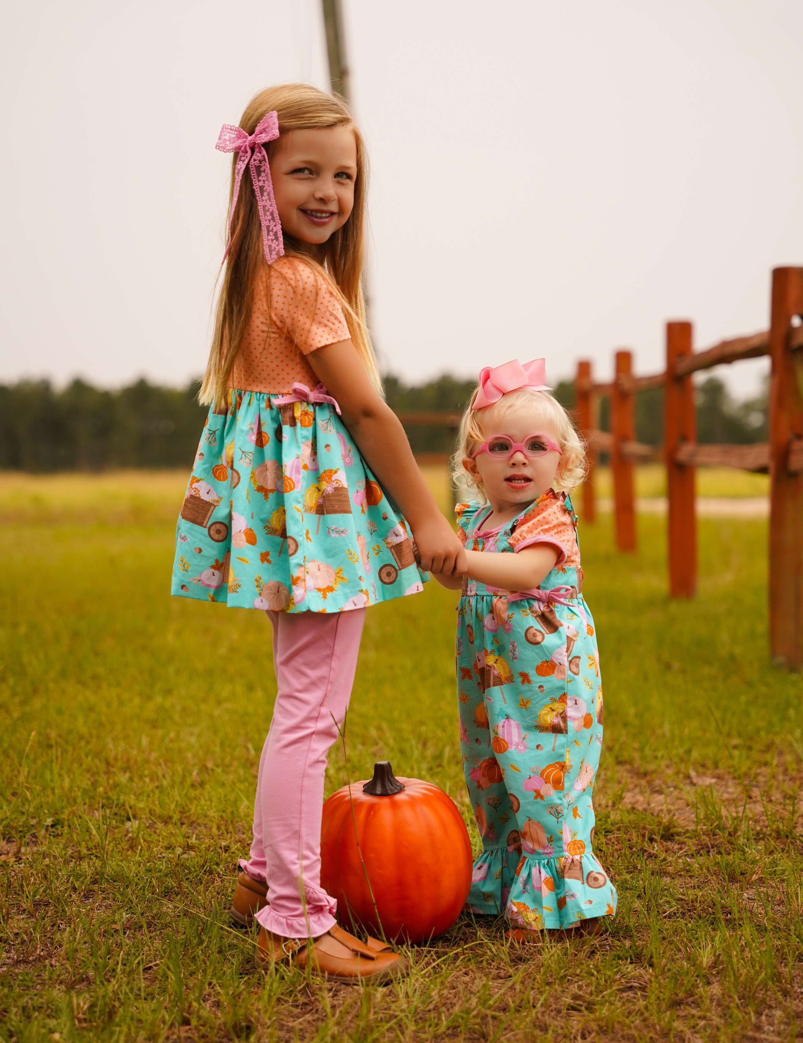 Pumpkin Harvest Girls' Fall Print Ruffle Leg Romper & Knit Blouse Set