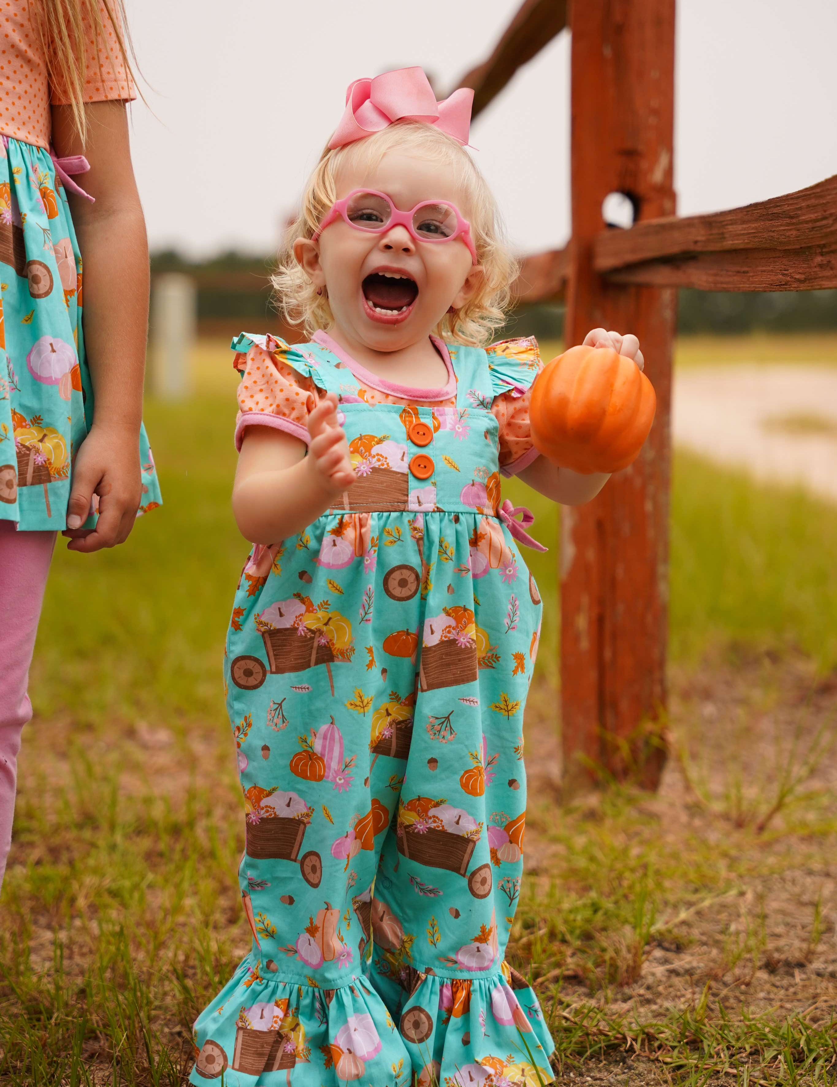 Pumpkin Harvest Girls' Fall Print Ruffle Leg Romper & Knit Blouse Set