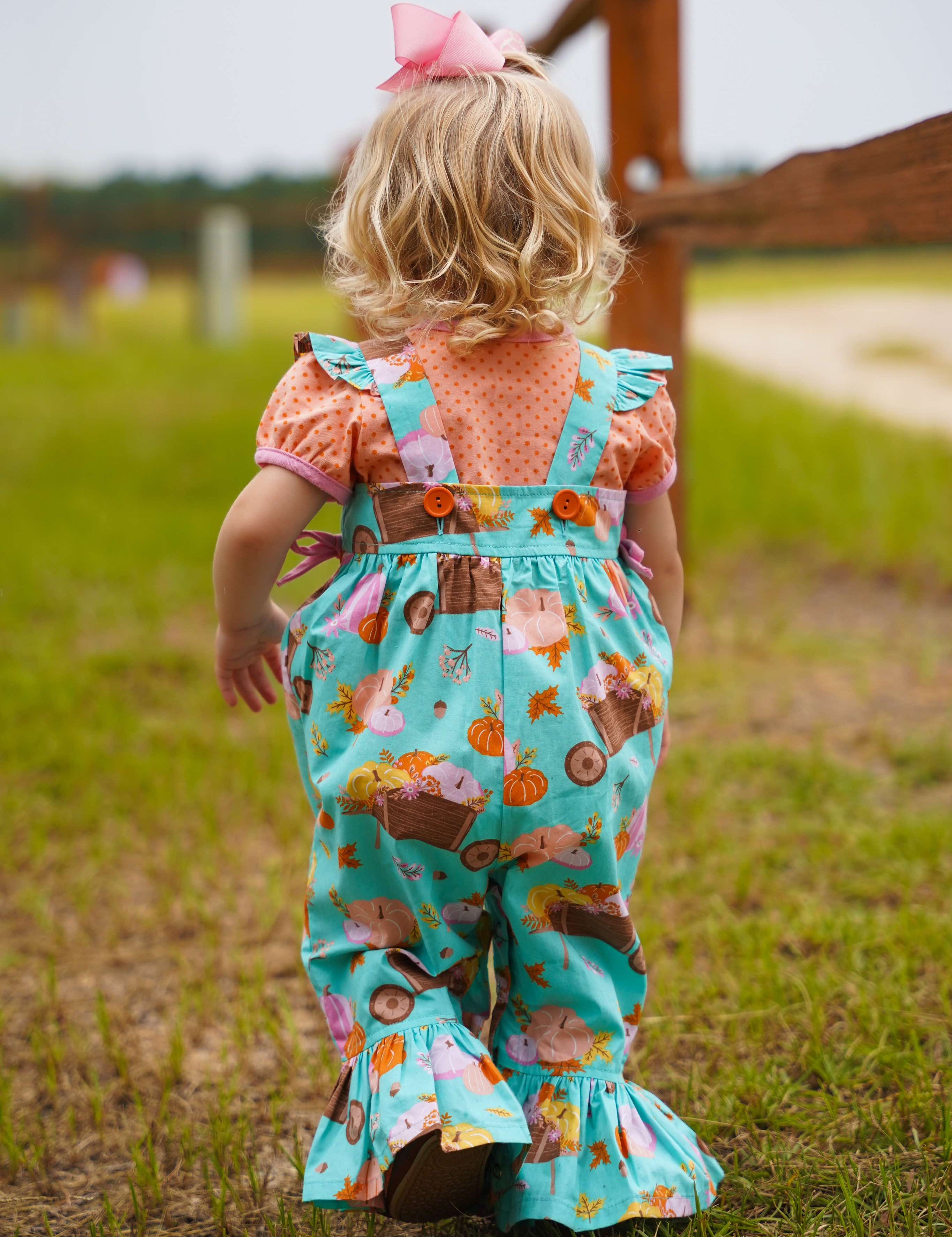 Pumpkin Harvest Girls' Fall Print Ruffle Leg Romper & Knit Blouse Set
