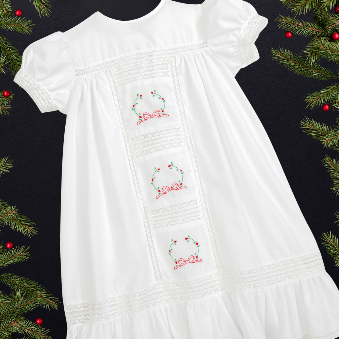 PREORDER - Pemberley Holiday Christmas Hand Embroidered White Heirloom Portrait Dress