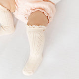 Vanilla Pointelle Knit Fancy Lace Top Knee High Socks