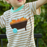 Pumpkin Harvest Boys' Tan Stripe Knit Romper with Pumpkin Wheelbarrow Applique