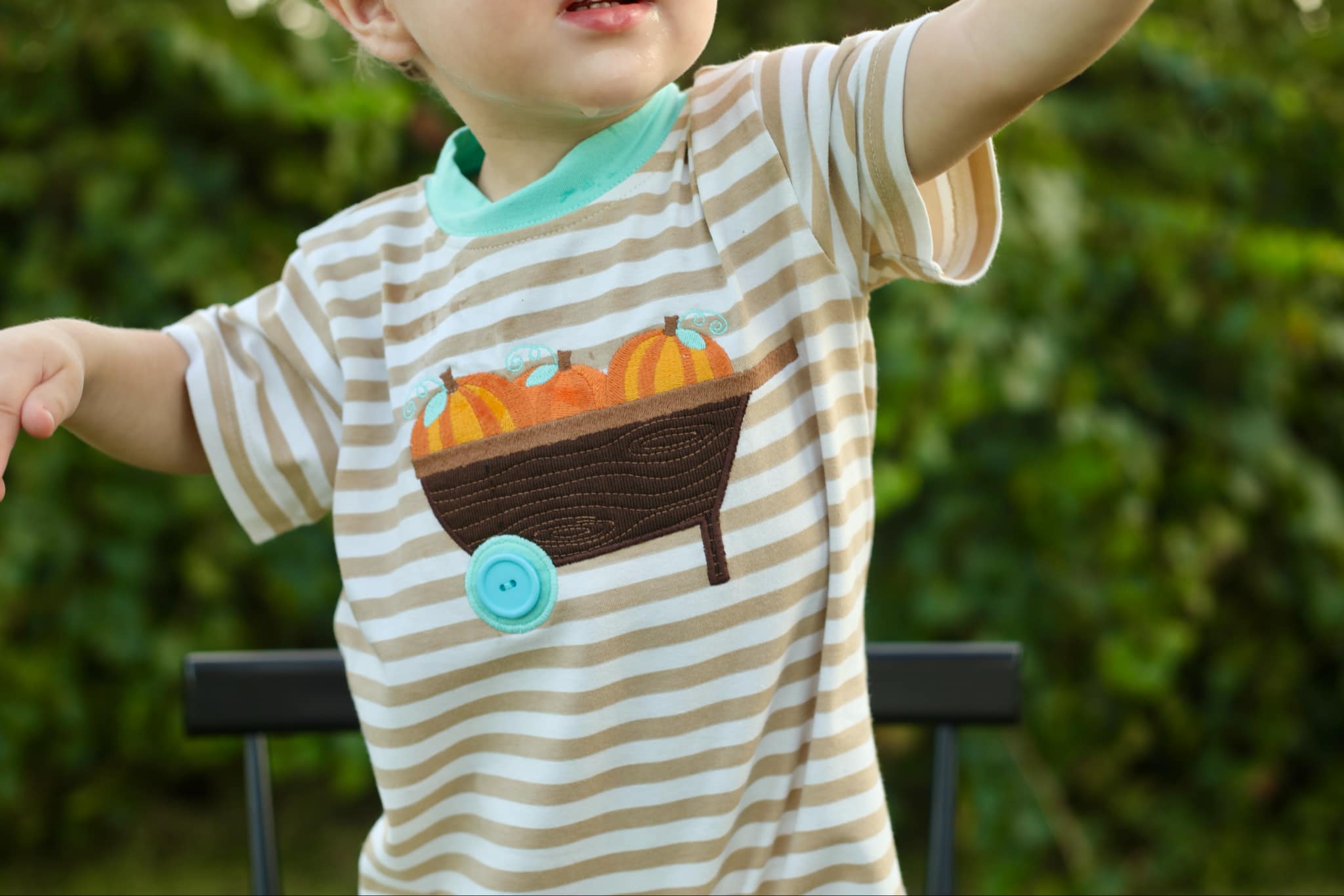 Pumpkin Harvest Boys' Tan Stripe Knit Romper with Pumpkin Wheelbarrow Applique