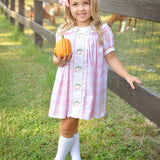Proper Pumpkins Pink Gingham A-Line Dress with Pumpkin Embroidery