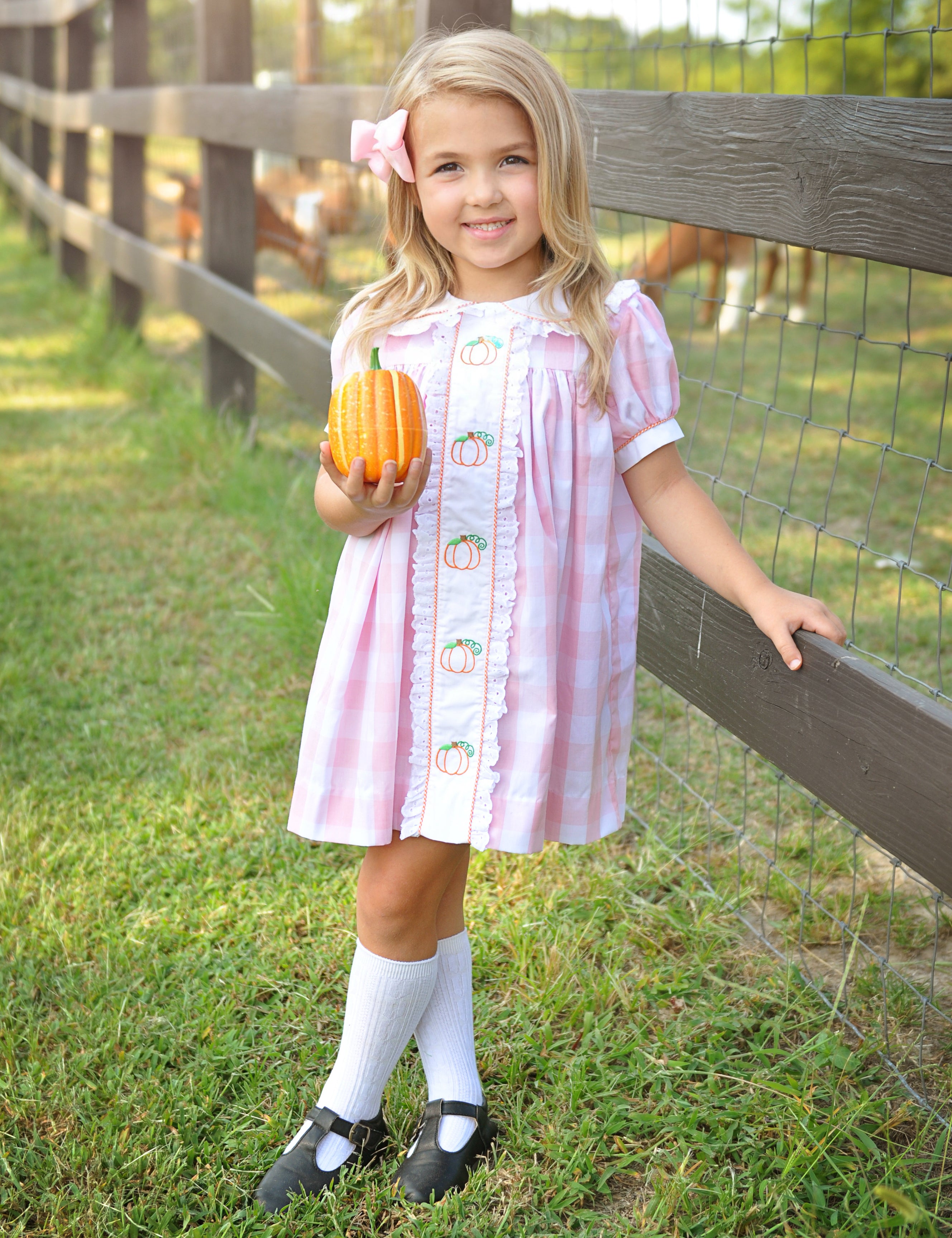 Proper Pumpkins Pink Gingham A-Line Dress with Pumpkin Embroidery