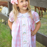 Proper Pumpkins Pink Gingham A-Line Dress with Pumpkin Embroidery