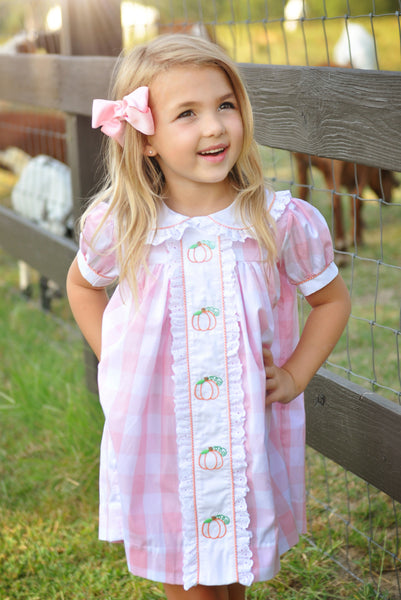 Proper Pumpkins Pink Gingham A-Line Dress with Pumpkin Embroidery