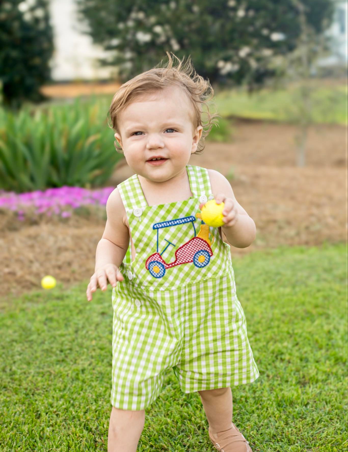 Fore! Boys' Gingham Shortall with Golf Cart Applique
