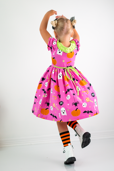 Boo! Pink Knit Halloween Print Swing Dress with Lime Green Ruffle Collar