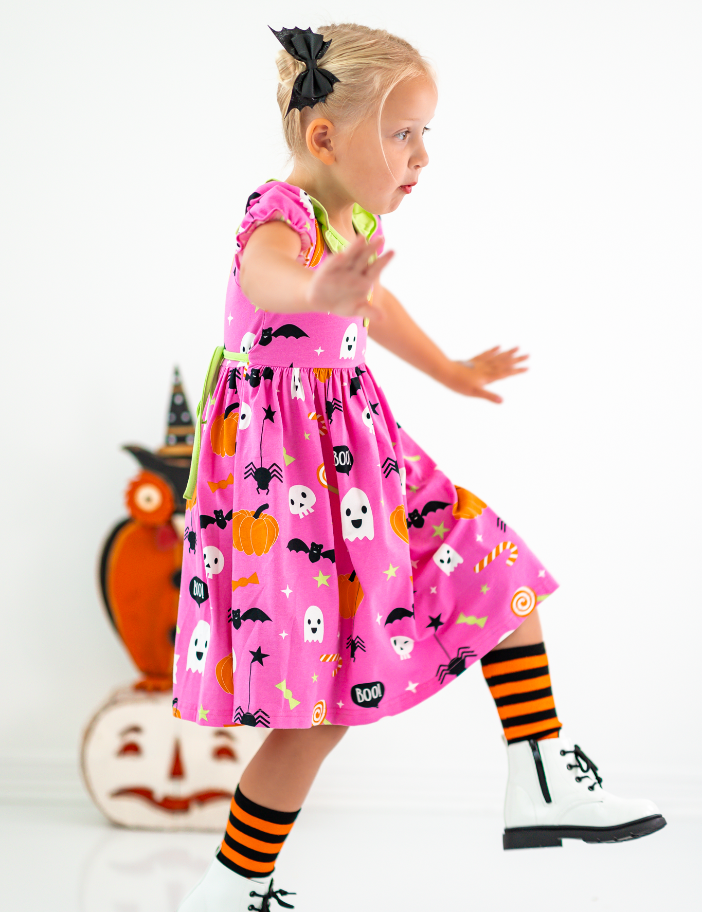 Boo! Pink Knit Halloween Print Swing Dress with Lime Green Ruffle Collar