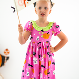 Boo! Pink Knit Halloween Print Swing Dress with Lime Green Ruffle Collar