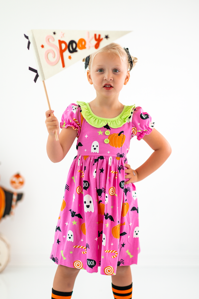 Boo! Pink Knit Halloween Print Swing Dress with Lime Green Ruffle Collar