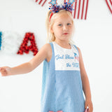 God Bless the USA Seersucker Check Embroidered Kick Pleat Dress
