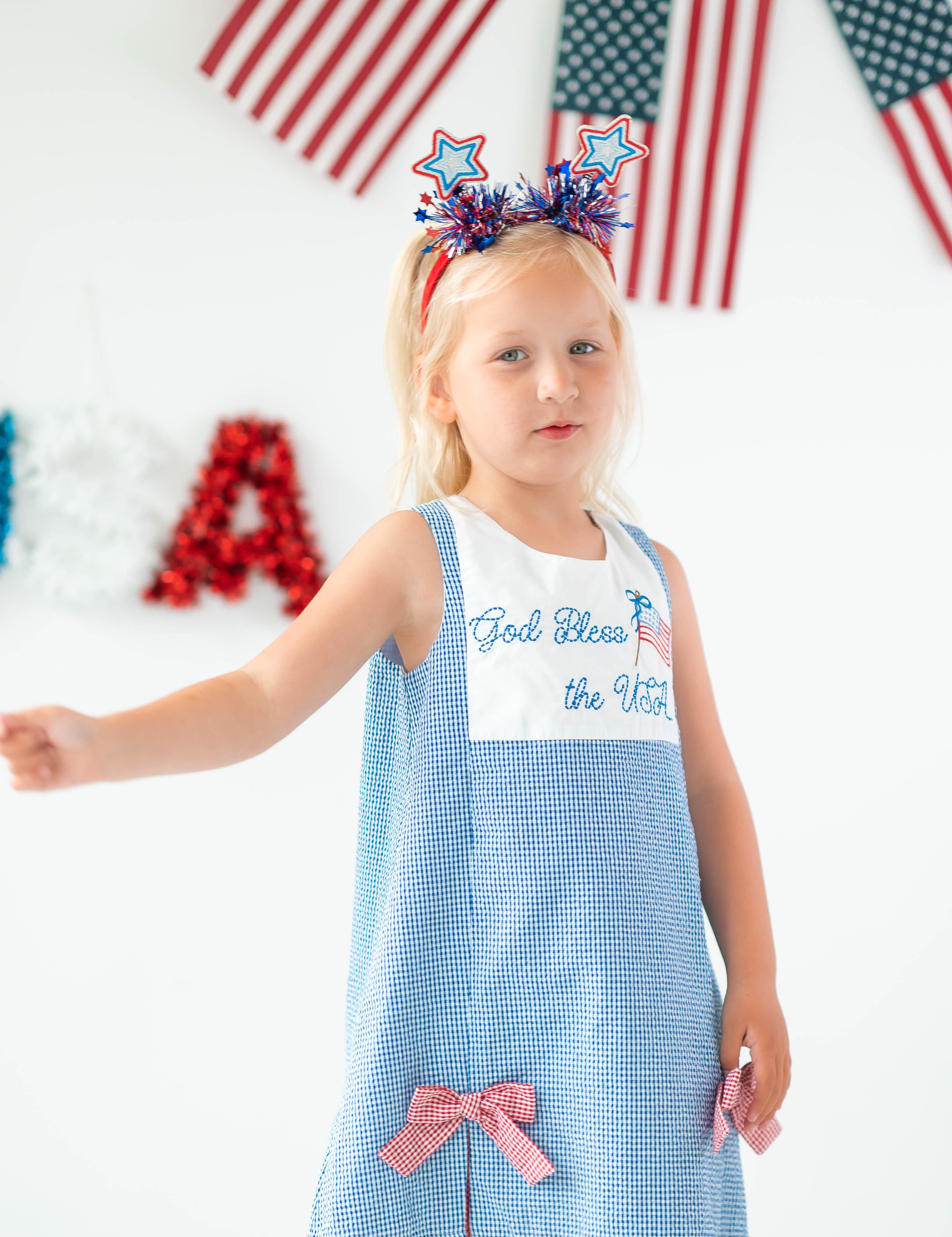 God Bless the USA Seersucker Check Embroidered Kick Pleat Dress