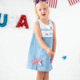 God Bless the USA Seersucker Check Embroidered Kick Pleat Dress