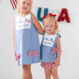 God Bless the USA Seersucker Check Embroidered Kick Pleat Dress