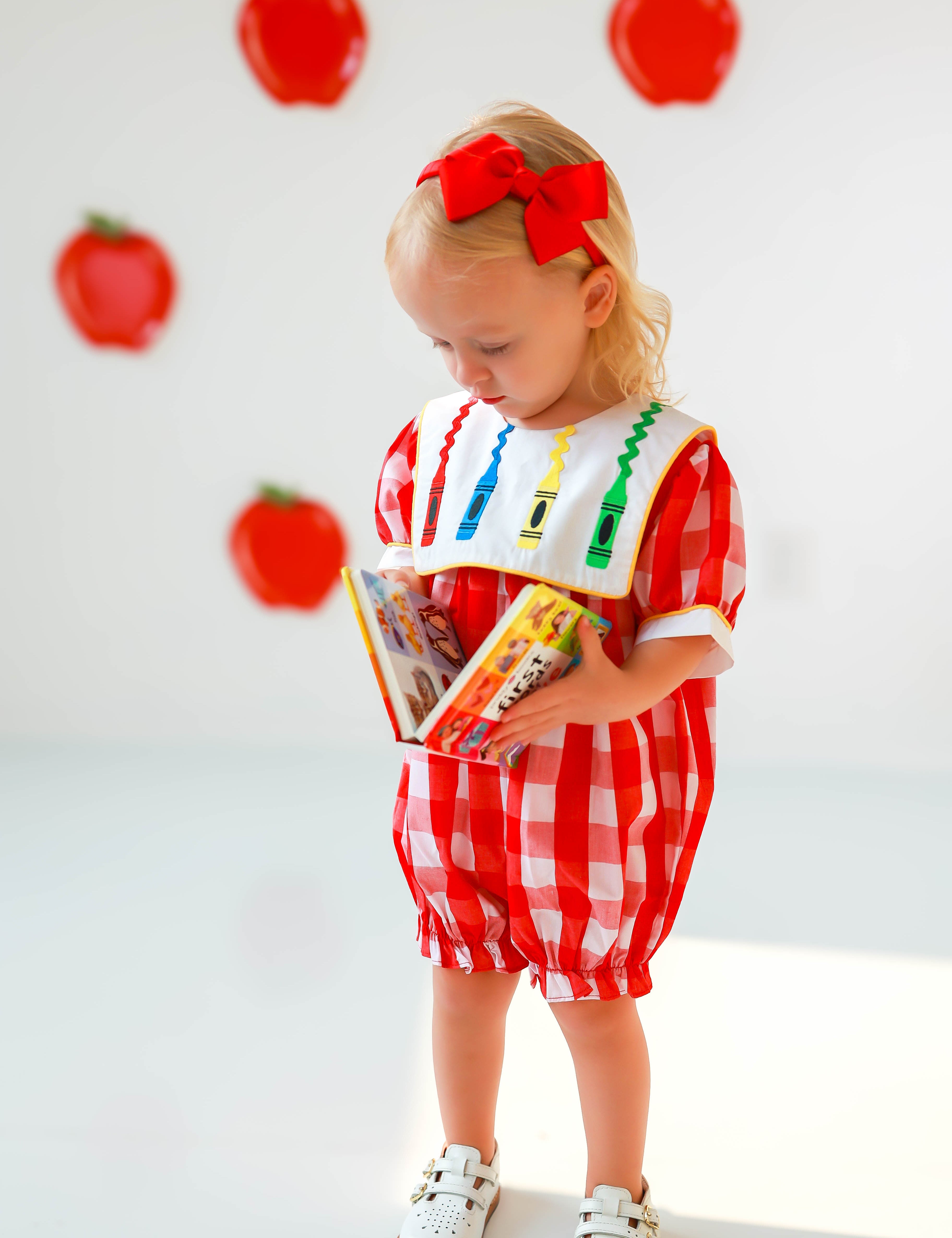 Scribble Red Gingham Bishop Collar Crayon Embroidery Bubble