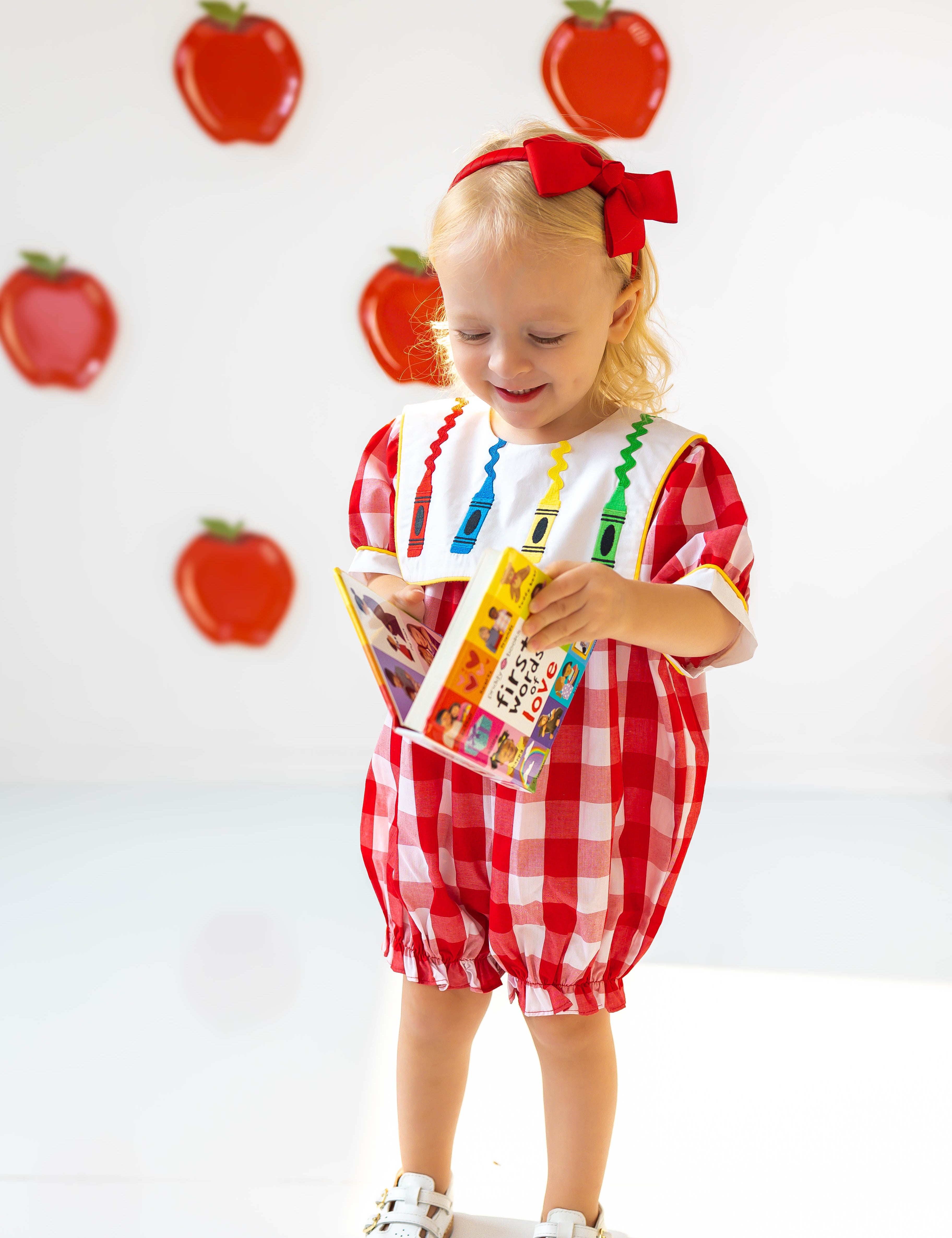 Scribble Red Gingham Bishop Collar Crayon Embroidery Bubble