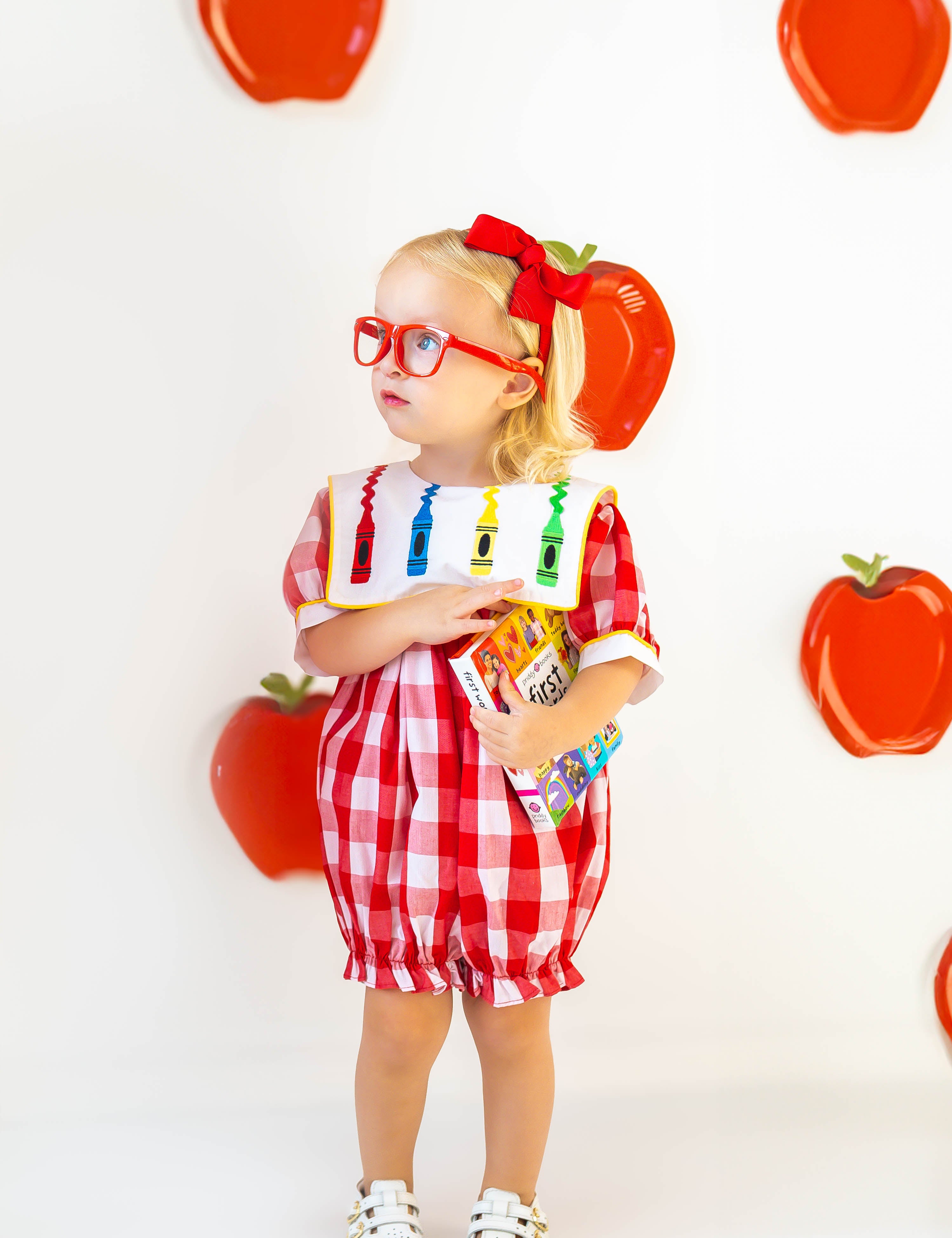 Scribble Red Gingham Bishop Collar Crayon Embroidery Bubble