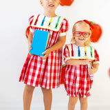Scribble Red Gingham Bishop Collar Crayon Embroidery Bubble