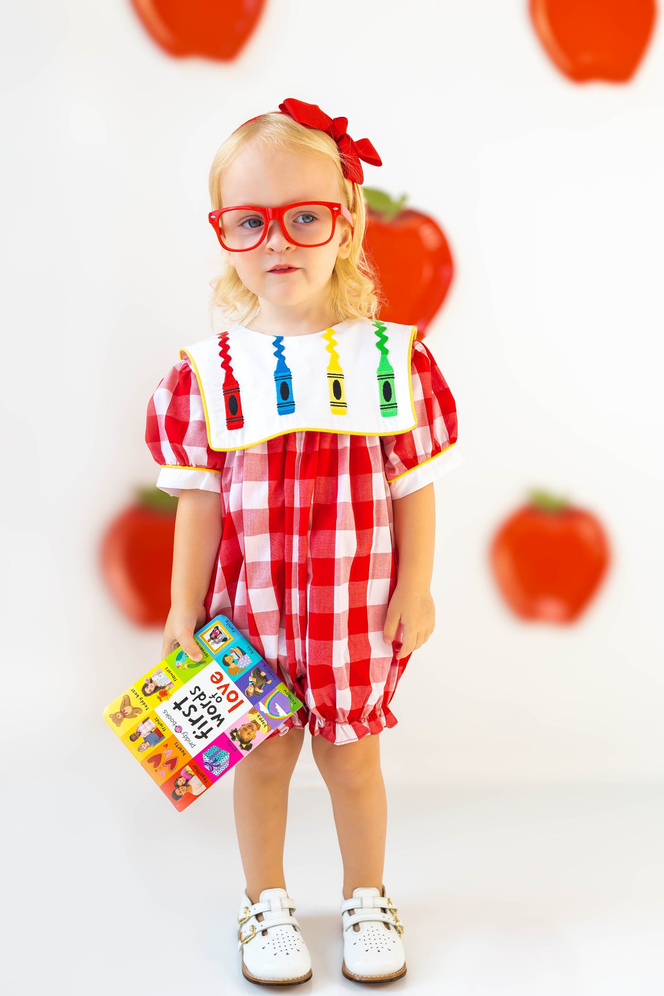 Scribble Red Gingham Bishop Collar Crayon Embroidery Bubble