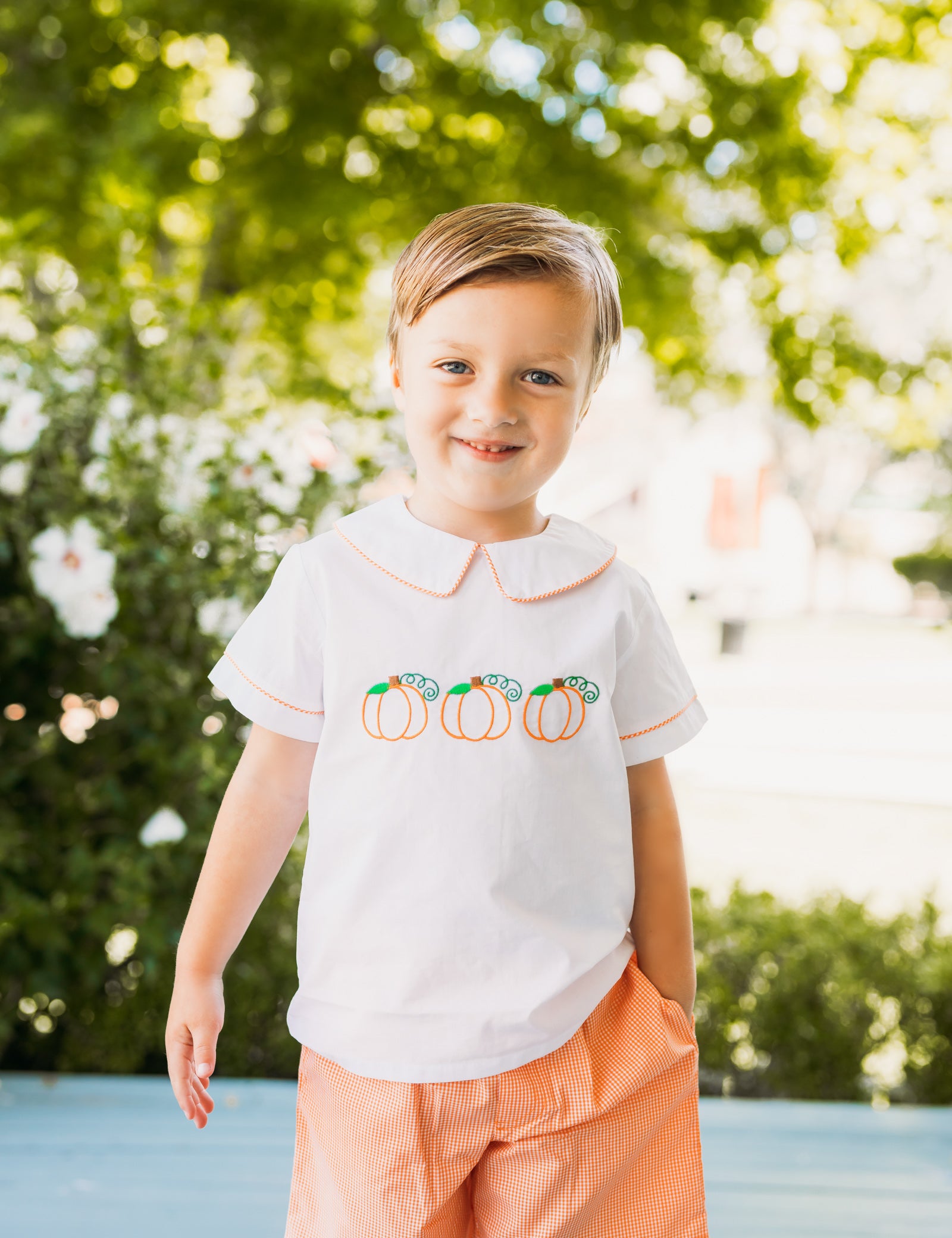 Proper Pumpkins Embroidered White Woven Top & Orange Gingham Shorts Set