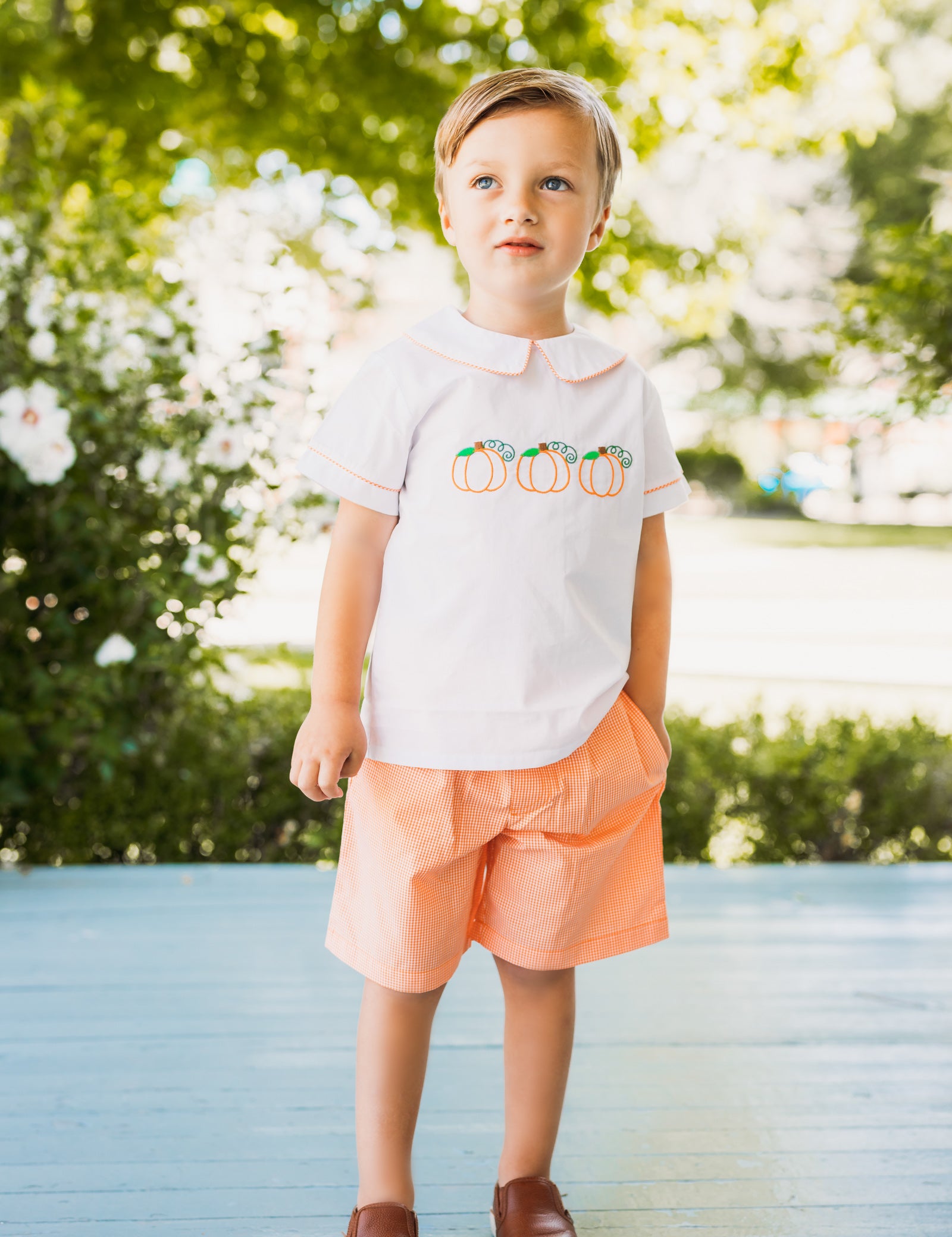 Proper Pumpkins Embroidered White Woven Top & Orange Gingham Shorts Set