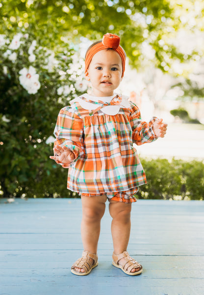 Autumn Plaid Scalloped Bishop Collar Dress & Bloomer Set