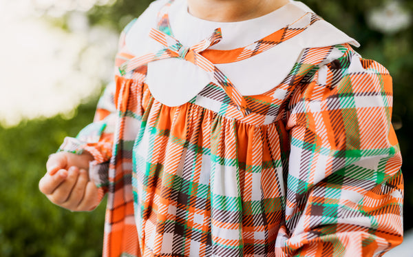 Autumn Plaid Scalloped Bishop Collar Dress & Bloomer Set