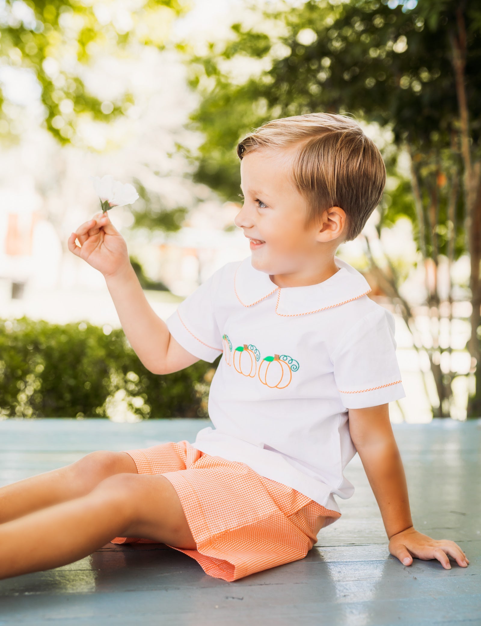 Proper Pumpkins Embroidered White Woven Top & Orange Gingham Shorts Set