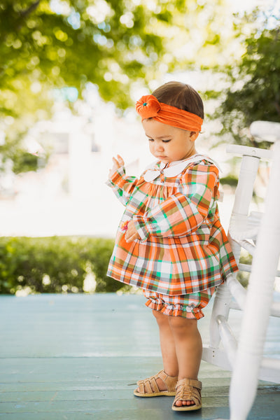 Autumn Plaid Scalloped Bishop Collar Dress & Bloomer Set