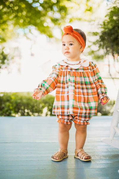 Autumn Plaid Scalloped Bishop Collar Dress & Bloomer Set