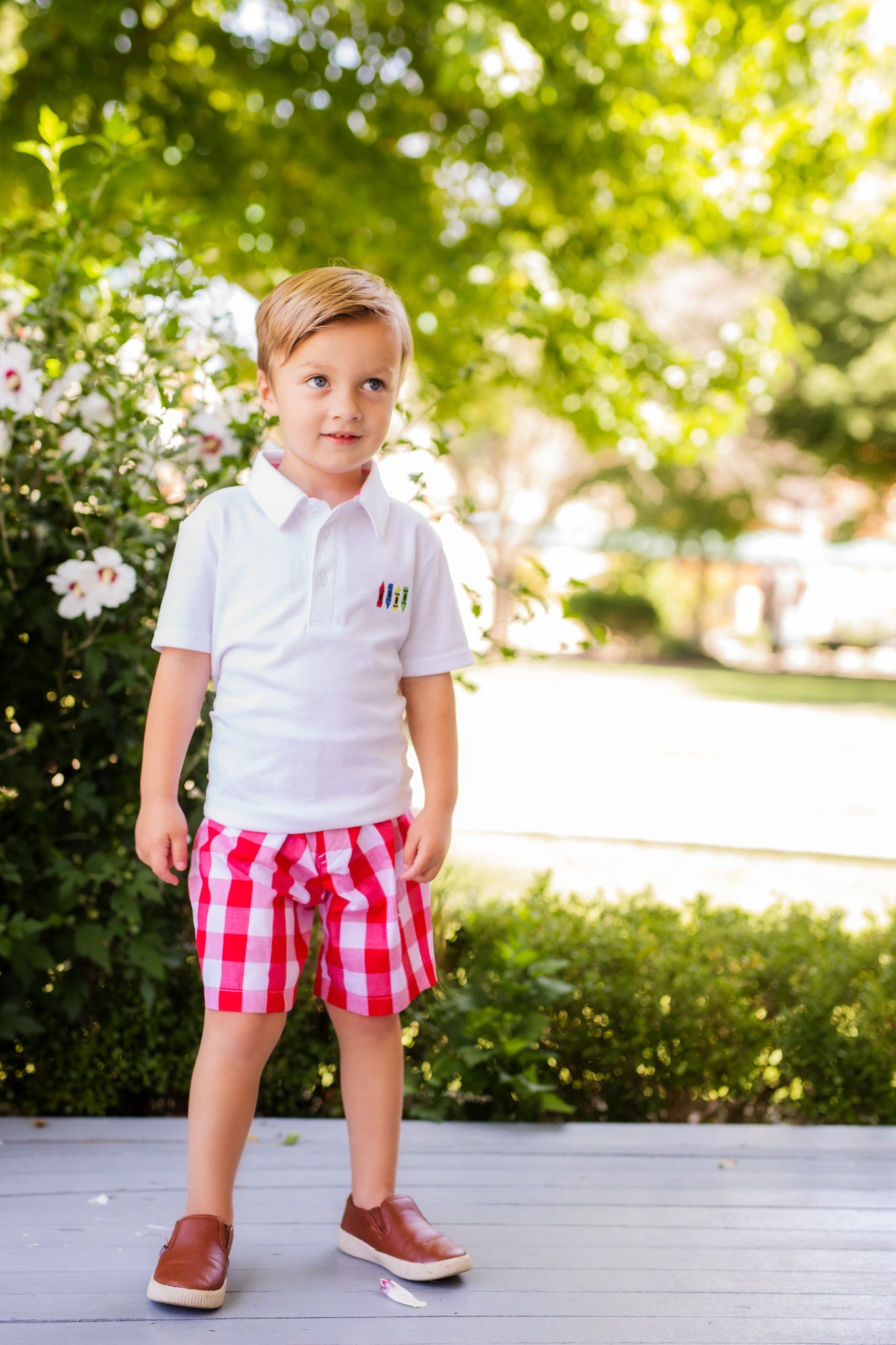 Scribble Boys' White Knit Crayon Embroidery Polo & Red Gingham Shorts Set