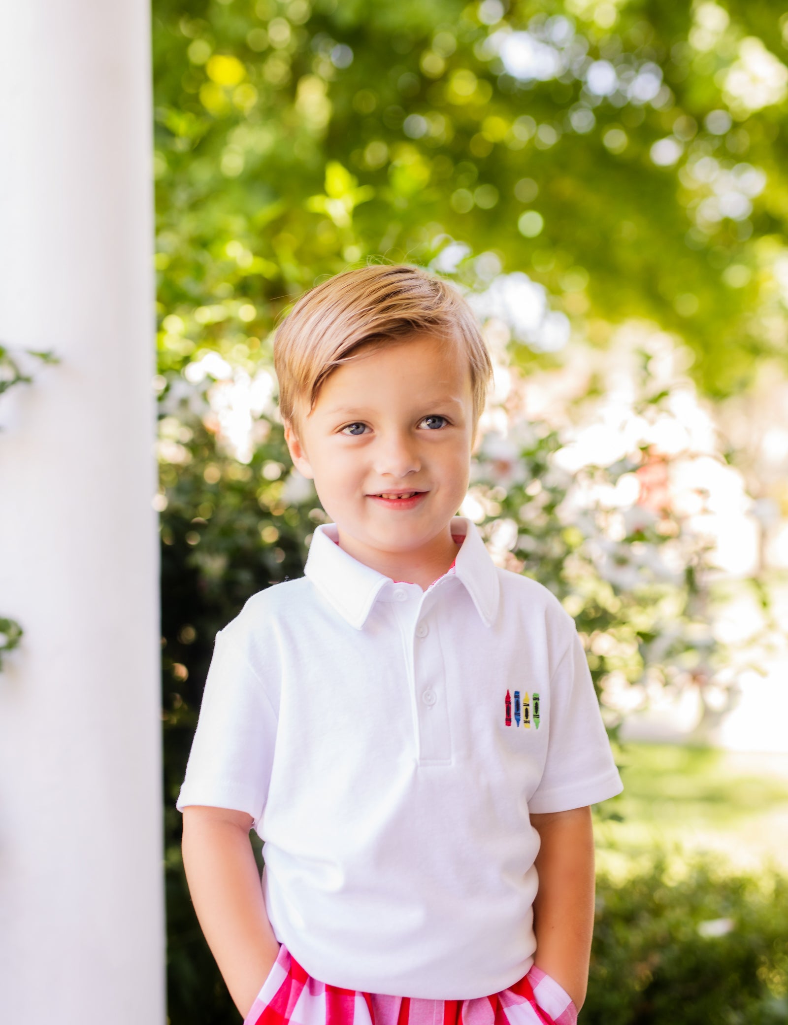Scribble Boys' White Knit Crayon Embroidery Polo & Red Gingham Shorts Set