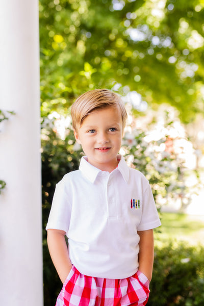 Scribble Boys' White Knit Crayon Embroidery Polo & Red Gingham Shorts Set