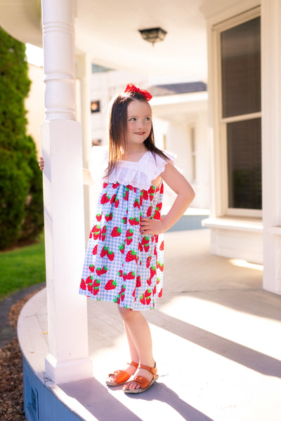 Gingham Berry Print Dress with Eyelet Ruffle