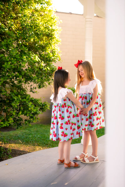 Gingham Berry Print Dress with Eyelet Ruffle