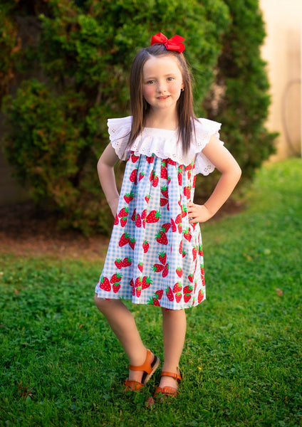 Gingham Berry Print Dress with Eyelet Ruffle