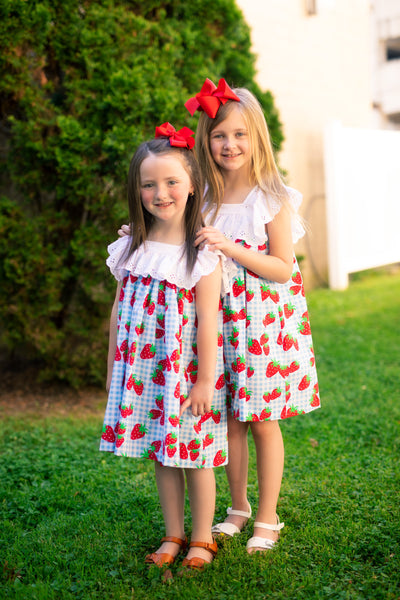 Gingham Berry Print Dress with Eyelet Ruffle