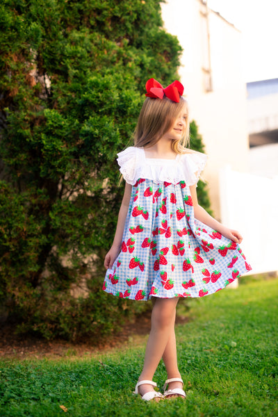 Gingham Berry Print Dress with Eyelet Ruffle