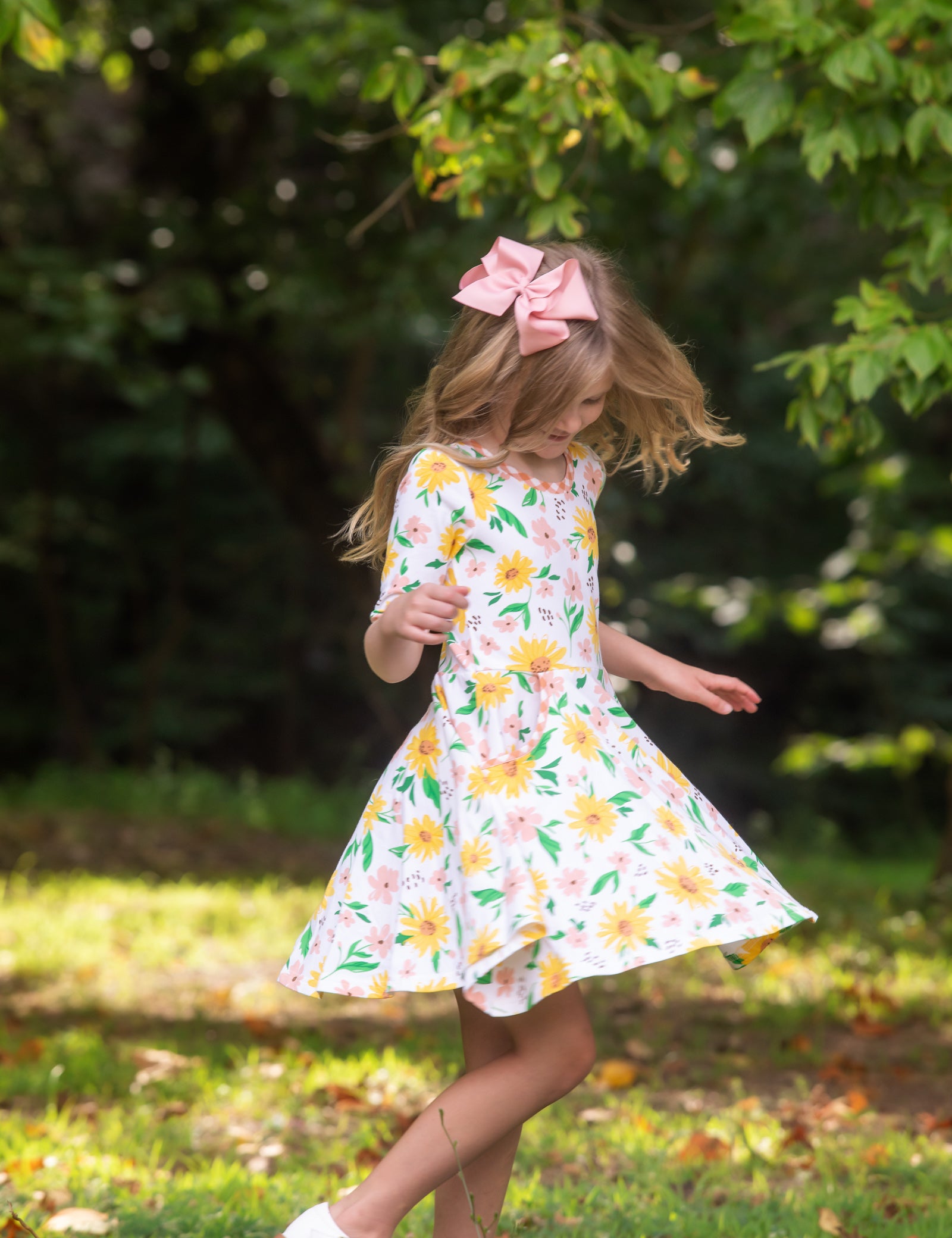 Sunflower Evenings Floral Print Knit Swing Dress with Pockets